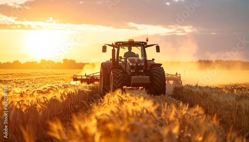 tractor plowing a golden wheat field at sunrise, dust rising 