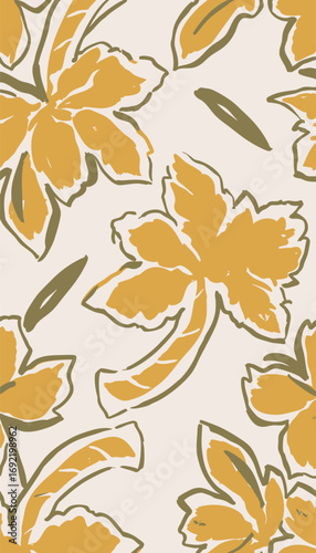 Abstract floral seamless pattern with a painterly style. This modern botanical design features sketchy outlines over bold flower shapes in a sophisticated palette of mustard yellow and olive green