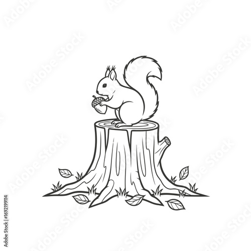 Vector art of squirrel on a stump with an acorn hand drawn line art illustration of a cute animal in a forest setting