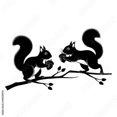 Vector art of two squirrels sitting on a branch, one is eating a nut, black silhouette of animals in the forest