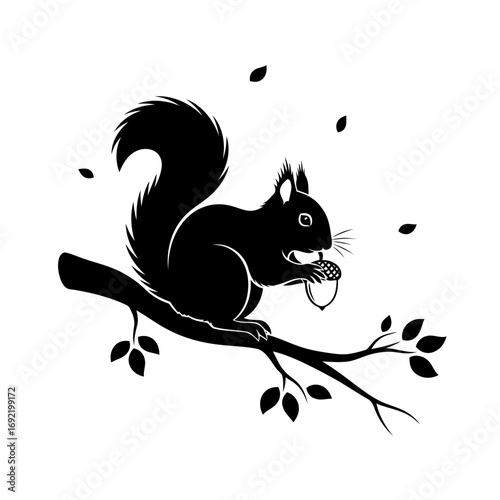 Vector art of a squirrel sitting on a branch eating an acorn hand drawn vector illustration in silhouette style