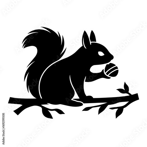 Vector art of silhouette of a squirrel sitting on a branch and holding a nut, the squirrel has pointy ears
