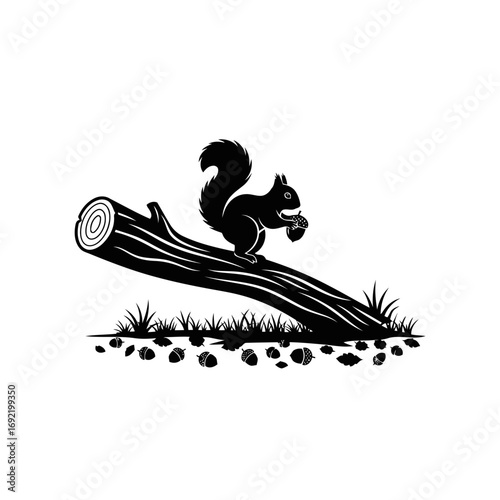 Vector art of a charming silhouette of a squirrel perched on a fallen log, nibbling on a nut, set against an, creating a rustic scene
