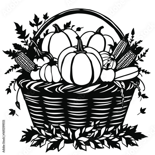 Vector art of basket overflowing with autumn harvest, featuring pumpkins, corn, and foliage, a symbol of abundance and fall season
