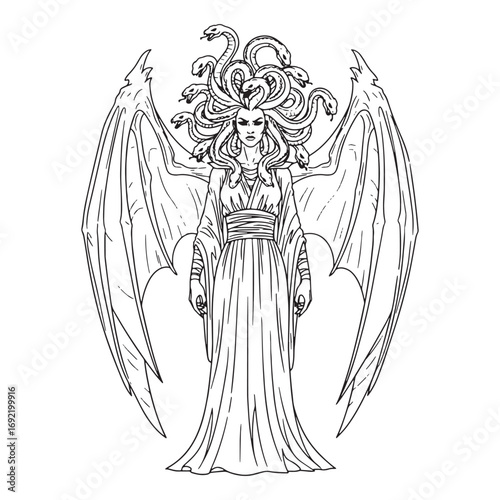 Celestial Tisiphone Lineart – Tisiphone Vector Outline Drawing with Mythical Power – Tisiphone Drawing – Vector of Tisiphone – Tisiphone Outline