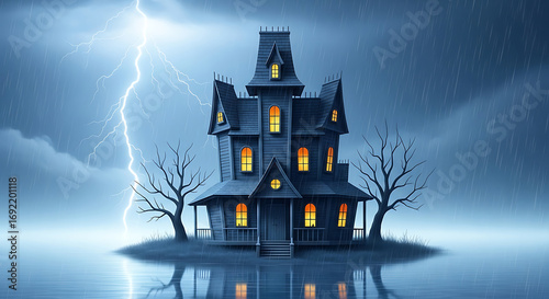 Halloween a haunted house stands silhouetted against a stormy sky with lightning, its windows glowing eerily, creating a spooky and unsettling halloween scene