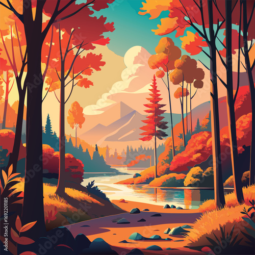 Autumnal forest scene by a river.