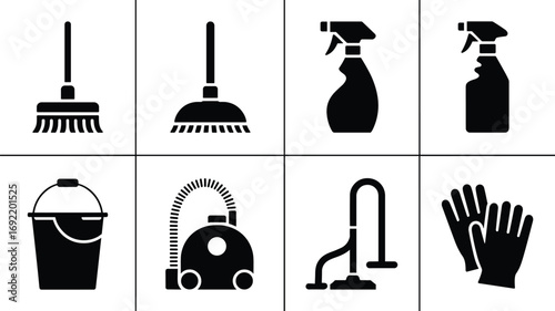 Cleaning tools vector, broom, mop, spray bottle, bucket, vacuum cleaner, gloves, disinfectant icons, housework, sanitation, hygiene, equipment