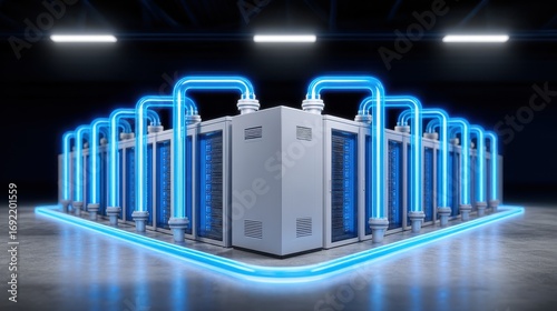 Data centers and the use of large amounts of water for cooling. Modern technology and AI with high energy consumption.
