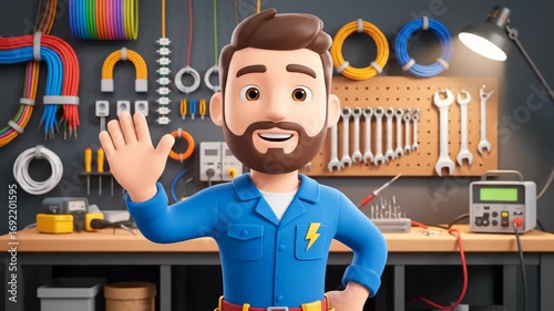 Cartoon Electrician Smiles in His Workshop at Daytime With Tools and Wires on the Wall Behind Him, Wearing a Blue Uniform
