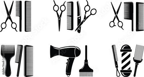 Hair salon tools, barber scissors, comb, hair dryer, trimmer, clipper, grooming set, black vector icons, professional equipment, illustration