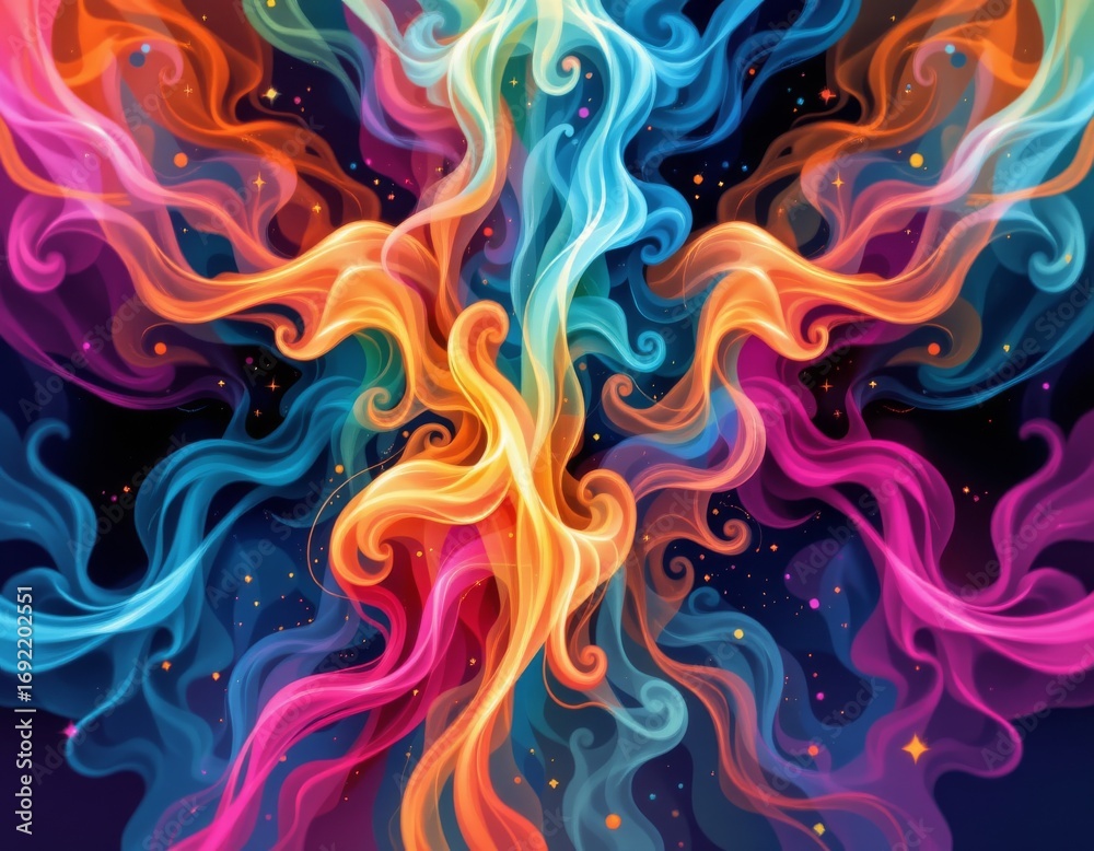 Fototapeta premium The image features a vibrant display of swirling, colorful tendrils that resemble smoke or flowing ribbons against a dark background
