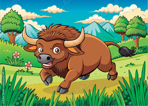 Cute cartoon bison running through a meadow.