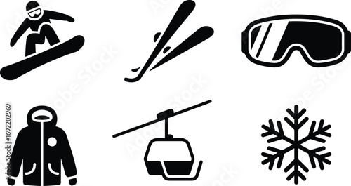 Winter sports icon set with snowboard, ski, goggles, snowflake, jacket, and lift perfect for skiing, snowboarding, alpine activities, and gear.