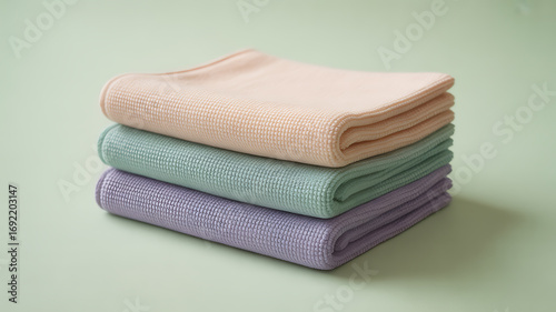 Tidy Towels in Pastel Hue: A neatly stacked assortment of soft, pastel-colored towels exudes an atmosphere of serene comfort and tranquility. Evoking a sense of calm with textures and colors