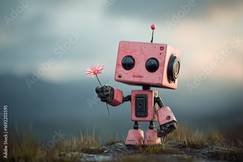 A small, pink robot stands on a rocky outcrop, presenting a single pink flower.  Soft, muted light bathes the scene