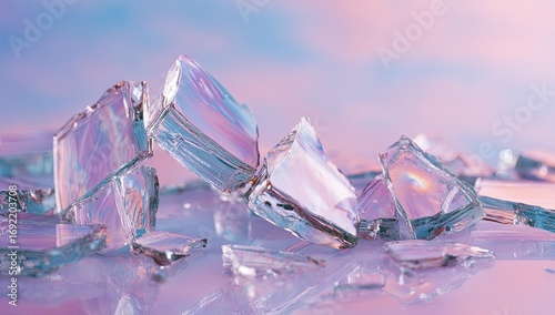 Shattered iridescent glass shards, pastel background