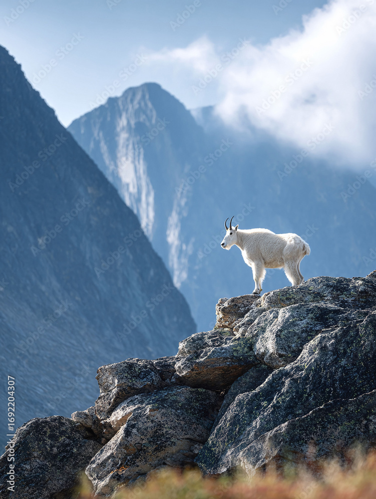 Naklejka premium Majestic mountain goat standing proudly atop rocky terrain, overlooking stunning mountain peaks. Symbolizes strength, resilience, and freedom. Ideal for nature, travel, or aspirational themes.