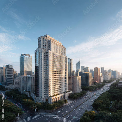 Urban cityscape featuring towering buildings against a bright sky, symbolizing growth and modernity. Ideal for business, real estate, or travel content.
