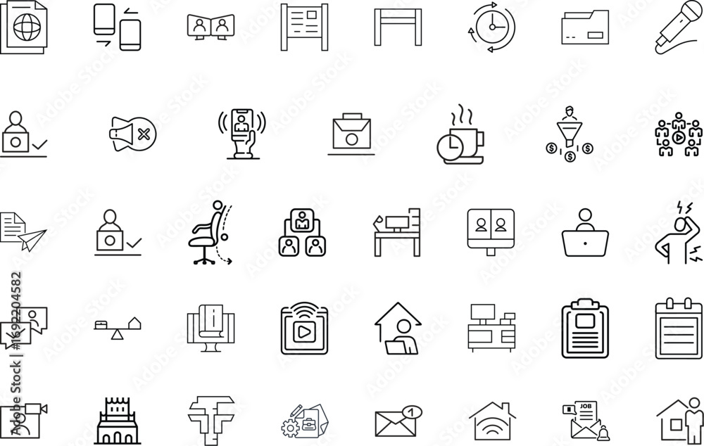 Fototapeta premium Business and Office Vector Line Icons Set – Communication, Remote Work, Productivity, Finance (EPS)