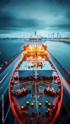 Red Cargo Ship at Night with City Lights and Light Trails