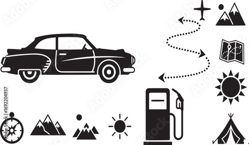 Vintage Car and Travel Icons – Classic Car, Compass, Mountains, Map, Sun, Fuel Pump, Tent, and Hiking Trail Symbols for Adventure