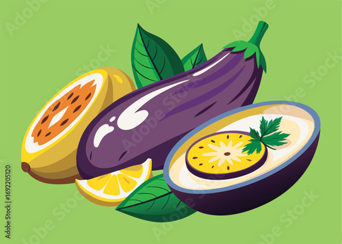 Fresh passion fruit. eggplant. and lemon.