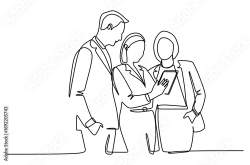 Continuous line art of a group of men and women in work suits showing something on a gadget. work team concept