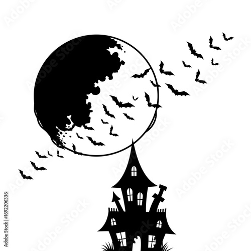 Vector art of spooky halloween night featuring bats flying around a full moon above a haunted house with glowing windows