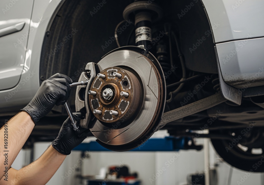 Fototapeta premium Brake Repair in Auto Shop Environment with Close-up View of Tools and Parts
