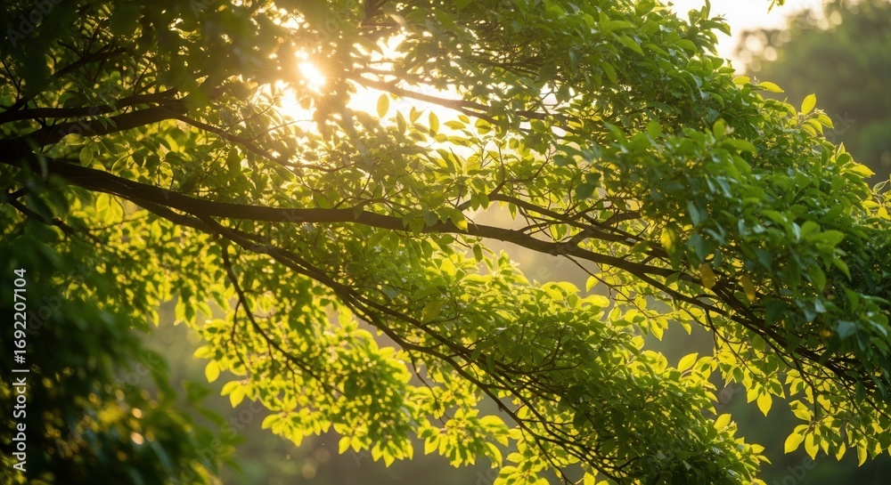 Fototapeta premium Sunlight filtering through the leaves of a tree creating a serene atmosphere in nature