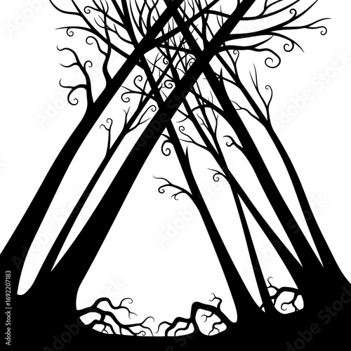 Vector art of silhouette of a forest clearing with tall, bare trees forming a triangular opening, a minimalist, stark design