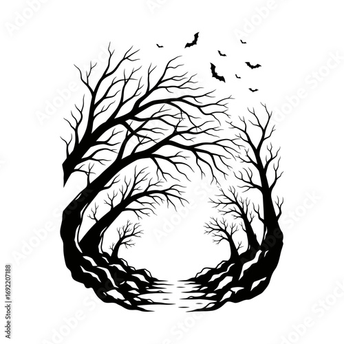 Vector art of silhouette of a spooky forest path with bare trees and flying bats, a dark, eerie, and mysterious design
