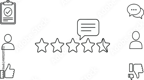 Customer Feedback and Rating Icons – Star Review, User Profile, Thumbs Up/Down, Chat Bubbles, and Checklist in Minimal Line Style