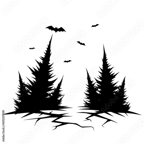 Vector art of silhouette of two spooky pine trees with sharp needles and bats flying overhead