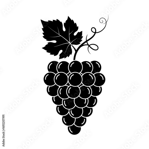 Vector art of striking black grape cluster with leaf, a minimalist design perfect for winerelated branding or decorative purposes