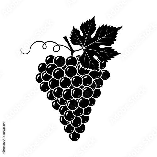 Vector art of black silhouette of a grape cluster, featuring a leaf and tendrils, perfect for wine or food related designs