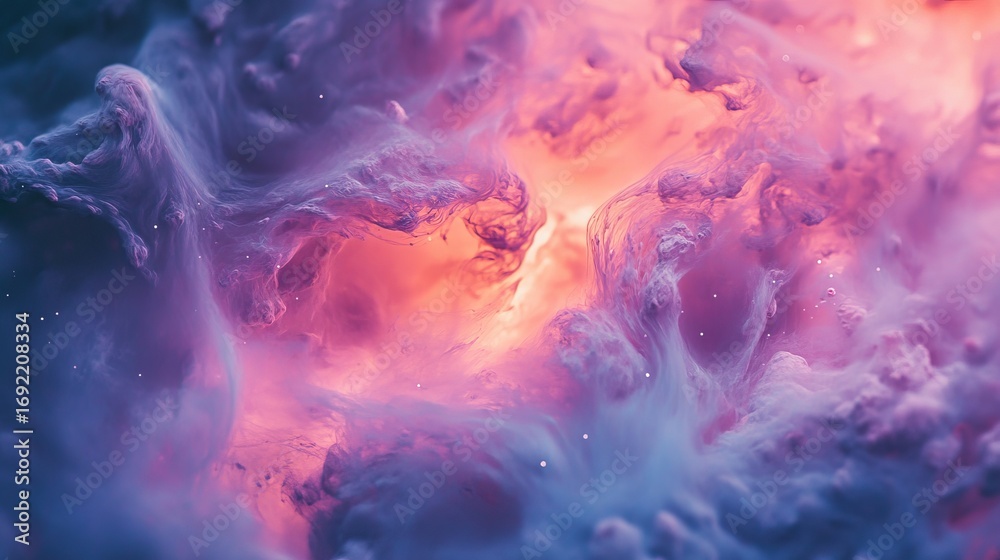 Fototapeta premium Abstract swirling pink and blue clouds of smoke with light in the center.