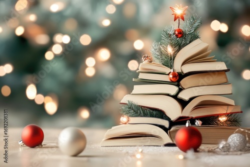 Creative christmas tree made of books with festive lights