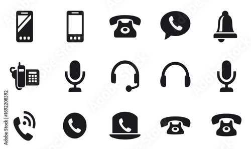Phone and Communication Icons – Mobile, Landline, Headset, Microphone, Call, Notification, and Support Symbols in Solid Black Style