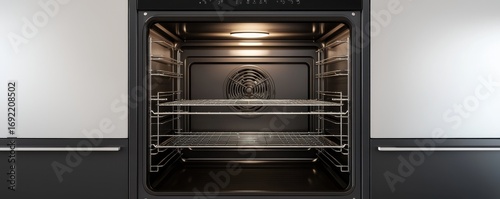 Modern kitchen oven with chrome racks and warm interior light for perfect cooking.