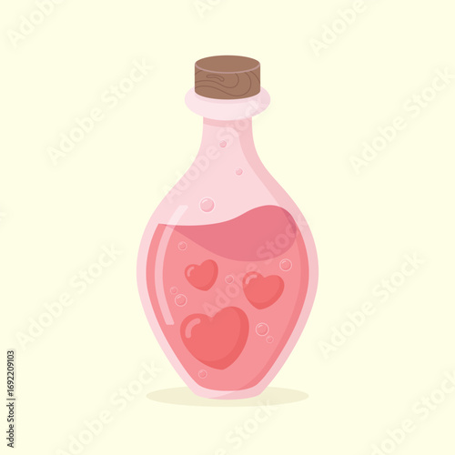 A glass bottle of pink colour love potion with bubbles and hearts inside. Halloween witchcraft vector illustration.