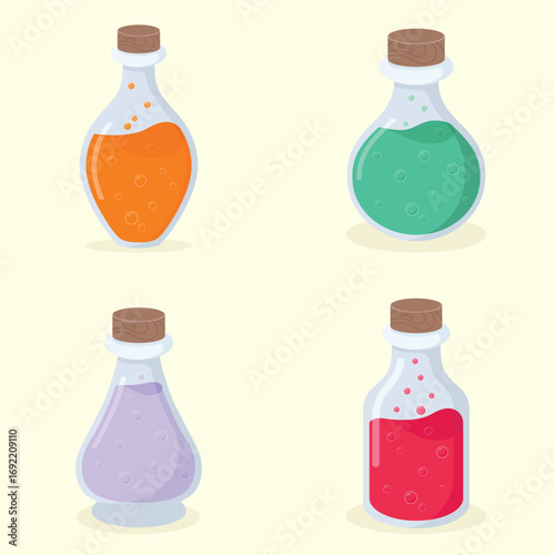 A set of different shapes glass bottles with different colours potions inside. Halloween witchcraft vector illustration.