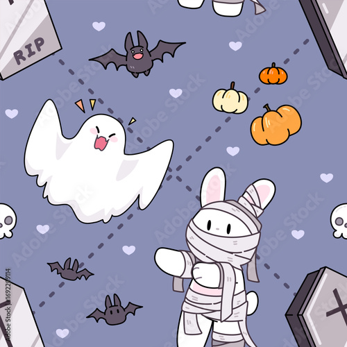 Cute seamless pattern with Halloween theme decorated with ghosts, zombies, bats, coffins and pumpkins.