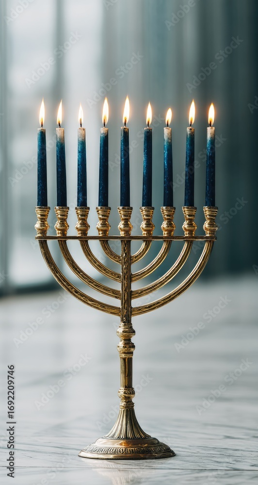 Fototapeta premium Gold Hanukkah menorah with blue candles