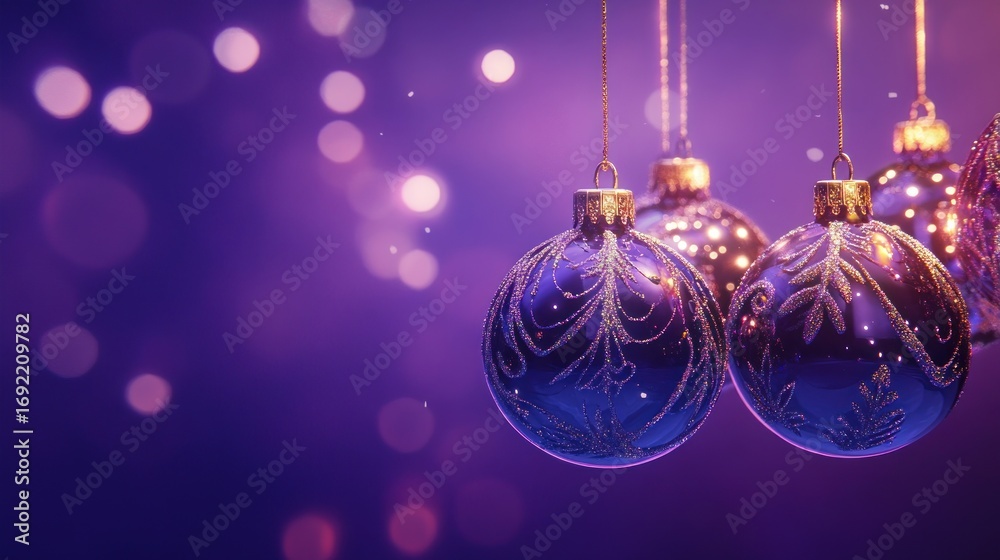 Fototapeta premium A close-up of decorative Christmas ornaments against a blurred purple background.