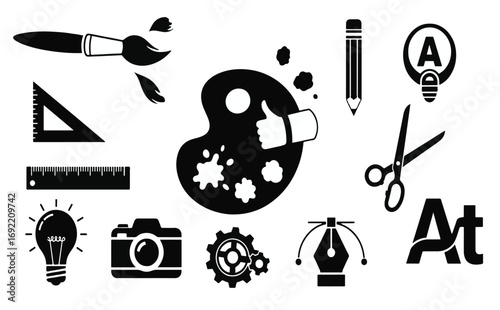 Art and Design Icons Set: Paintbrush, Palette, Pencil, Scissors, Ruler, Lightbulb, Camera, Gear, Pen Tool, Typography, Creativity Symbols