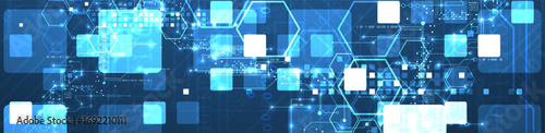 A technical background using technological lines, squares, and hexagons combined into an art composition.
