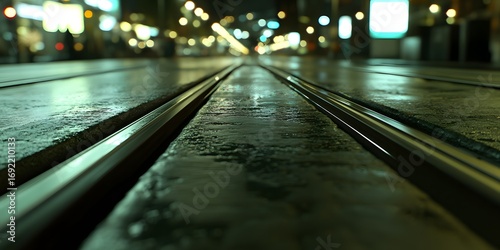 Wet tram tracks at night with blurred city lights in the background urban transportation