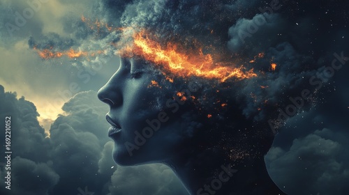 A woman's face is obscured by a cloud of smoke and fire, suggesting a sense of turmoil, inner struggle, or spiritual awakening.